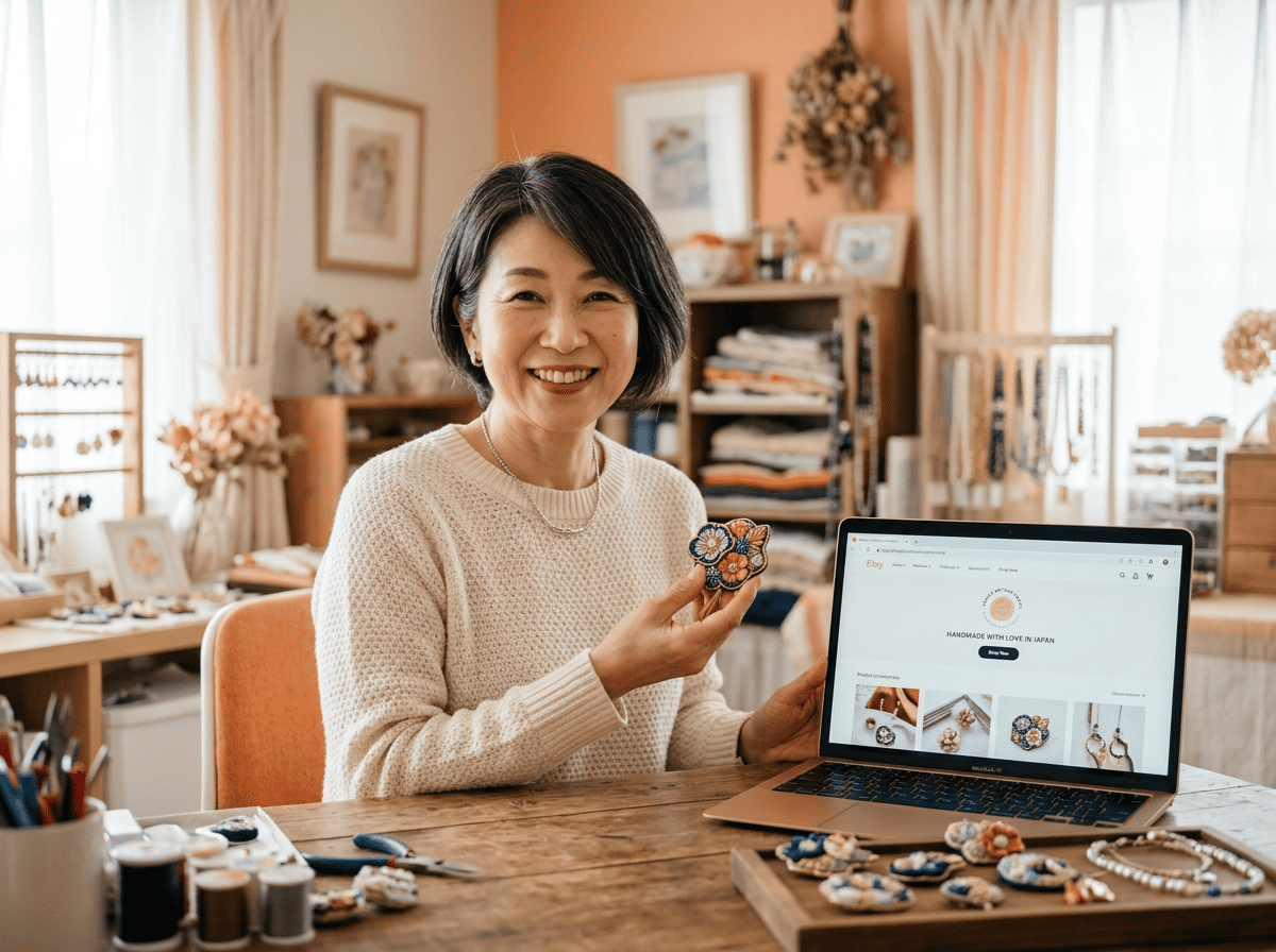 ハンドメイド作品でネットショップを開く女性