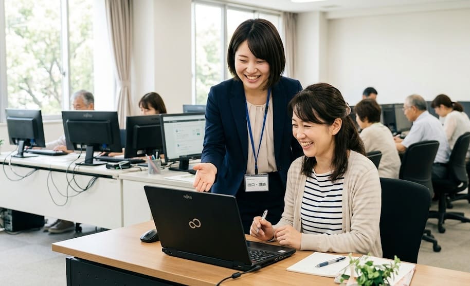 てならいワークス教室で笑顔で学ぶ生徒と講師